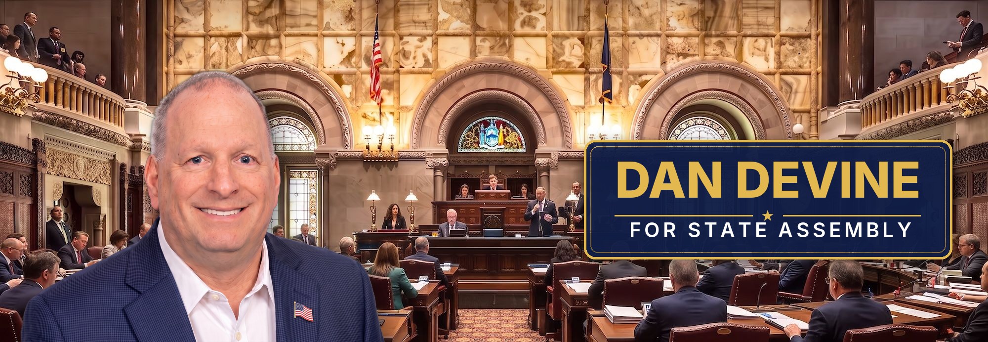 Dan Devine for State Assembly, pictured in front of the New York State Assembly Chamber in Albany